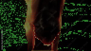 A message text, Decrypting, over source code starting to burn (green distorted characters), in a LED board dot style.