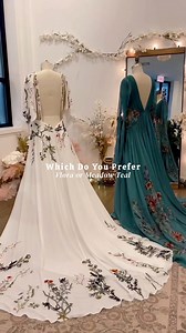 Flora or Meadow Teal? Your pick ✨ ••#bridetobe #weddingdress #bridal #bride #bridalfashion #weddingphotography #BohoBride #nontraditionalwedding #bridaldress #ISaidYes #styleinspiration #BridalTrends #fashionreel | Flora & Lane