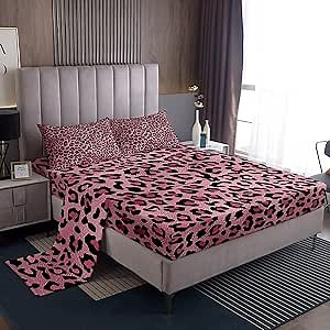Pink Leopard Print Sheet Set Full,Cheetah Bedding Set for Kids Teens Girls,Wild Animal Skin Texture Romantic Fashion Bed Sheet Set 4pcs with Deep Pocket Fitted Sheet + Flat Sheet + 2 Pillowcases