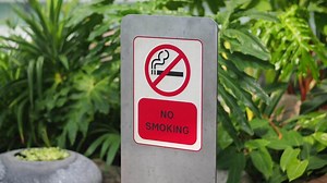 Download No smoking sign in a lush green garden area for free