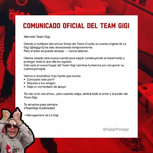 Lagigi on Instagram: "Mi cuenta principal ha sido cerrada. Este es mi nuevo perfil oficial. Vamos a reconstruir más fuerte que nunca. Comparte, comenta y únete al Team Gigi. 💋 #TeamGigi #LaSoledad #Ytodo"