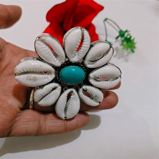 Cowrie Shell Flower Statement Bangle With Turquoise Stone, Handmade Boho Tribal Bracelet, - Etsy