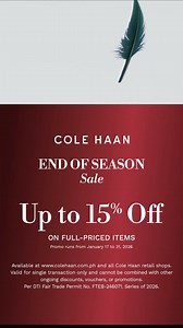 Step into the season’s best deals 👟✨ Enjoy 15% OFF on full-priced styles plus an extra 10% OFF on sale items at the Cole Haan End-of-Season Sale. 📅 January 17 – 31, 2026 🛍️ In all Cole Haan stores & official Cole Haan website Shop now—while your favorites are still in stock! #ColeHaanPH #EndOfSeasonSale #fashionstyle | COLE HAAN PH