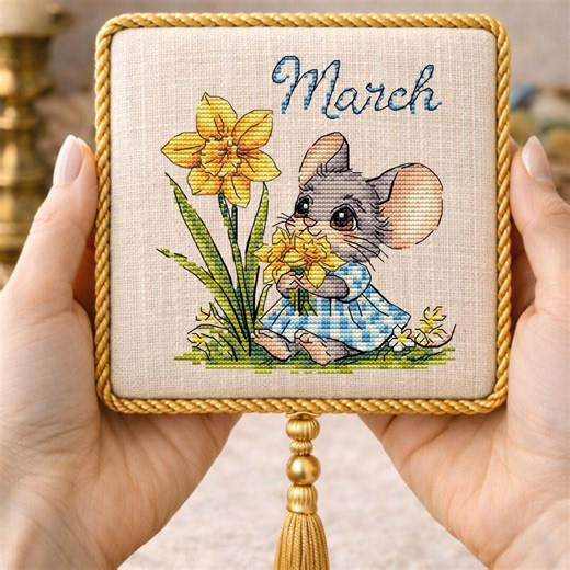 March Cross Stitch Pattern Calendar Mouse Daffodil Spring Embroidery Monthly Needlework Chart Digital Download - Etsy
