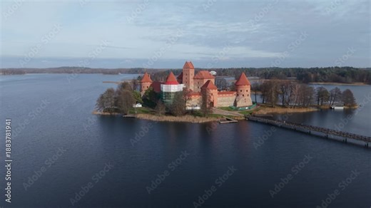 Trakai Island Castle Traku Pilis In Lithuania Aerial Architectural CloseUp Trakai Island Castle Courtyard Towers Brick Texture Architect Survey Footage Heritage Inspection Framing Study