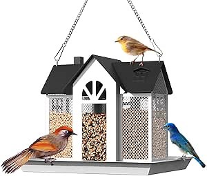Hanging Bird Feeder Metal Wild Feeders for Outdoors with Triple Feeders Large Capacity for Finch Cardinal Chickadee Weatherproof and Durable (White)