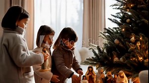 Children Setting Up a Nativity Scene Kids carefully arranging a nativity scene under the Christmas tree.