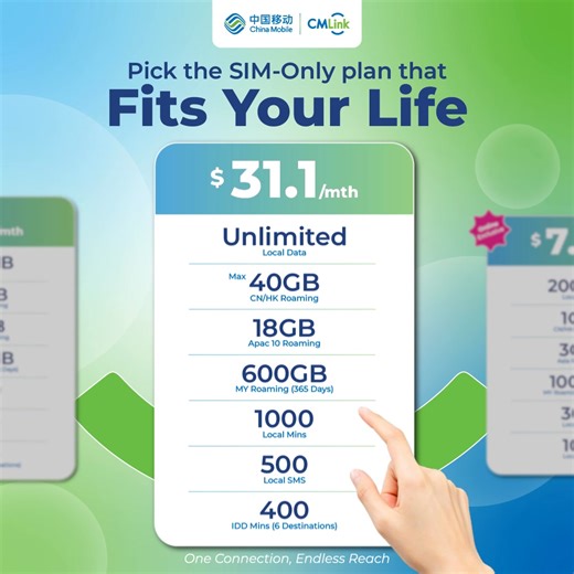 55 reactions · 12 shares | Tired of paying for extras you don’t use? Our no-contract SIM-only plans give you what matters most — up to Unlimited local data, roaming across Asia/APAC destinations, free incoming calls and SMS. Pick the plan that fits your life. Plan starts from as low as $7.7 to stay connected your way. #CMLinkSG #ChinaMobile #StayConnected #NoContract | CMLink Singapore | Facebook