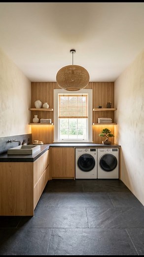 AI Renovations & Home Design on Instagram: "LUXURY LAUNDRY ROOM Renovation transformation. Start with an outdated and neglected laundry space: cold blue walls, old hexagonal tile flooring, exposed pipes, basic sink, worn cabinetry, poor lighting and no sense of design or comfort. The room feels empty, utilitarian, and visually forgotten. Gradually transform the same space into a luxury modern laundry room, keeping the same room layout, same window, same proportions. Introduce warm natural wood c