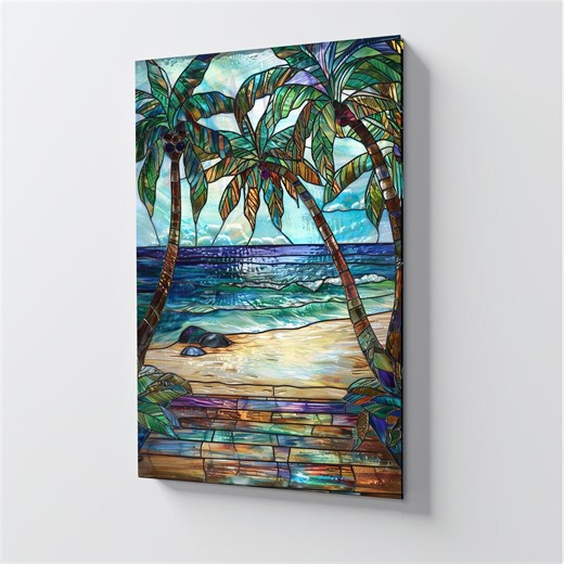 Tempered Glass Wall Art - Tropical Stained Glass Look , Palm Tree Ocean Waves Art, Coastal Wall Decor, Landscape Extra Large Wall Art - Etsy