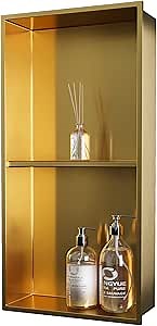 Shower Niche No Tile Needed: Stainless Steel Double Layer - 12"x24" Recessed Wall Niches Shelves for Bathroom Kitchen Toilet Storage - Brushed Gold