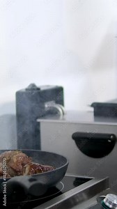 cooking meat. Step by step. cook the inner fillet of the ribeye tie with a string put on the frying pan