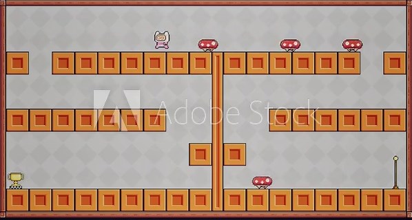 CGI footage of entertaining 8-bit console videogame, of astronaut running, jumping between platforms, collecting cherries, eluding and squashing enemies, collecting trophy and winning level Stock Video