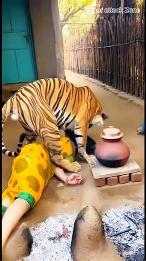 Tiger Ambushes Woman Cooking Outside | Real Footage Style #shorts #tiger #jungle