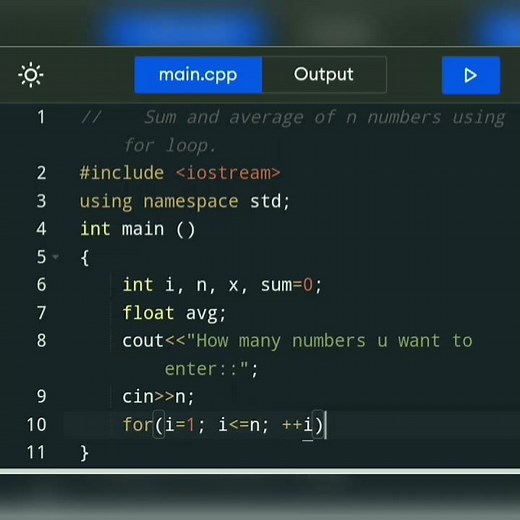 How to write c++ program to find Sum and average of n numbers using for loop.