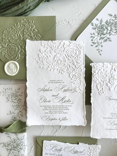 Embossed Wedding Invitations, Deckled Edge Handmade Cotton Paper, Roses Sage Green - Etsy
