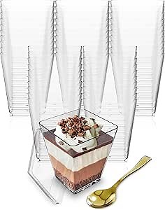 Mini Dessert Cups with Lids and Spoons (100 PACK) (Gold Spoons) - 5 oz Plastic Parfait Cups with Lids Reusable - Plastic Dessert Cups - Appetizer Cups - Clear BPA Free Plastic Cups