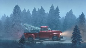 Loop Christmas pickup truck driving with a Christmas tree through a snowy forest