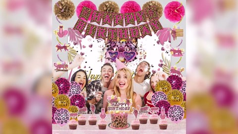 Holkcog Cheetah Birthday Decoration for Girls, Pink Leopard Print Happy Birthday Background, Cheetah Printed Birthday Cake Cupcake Top Balloon, Jungle Safari Animal Themed Birthday Party Supplies