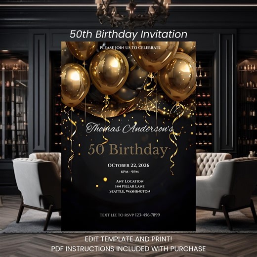 50th Birthday Invitation: Gold Balloons & Confetti (instant Download) - Etsy Australia