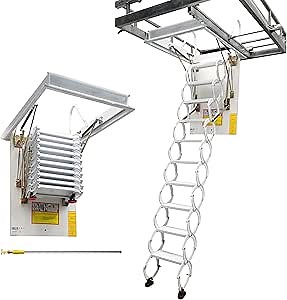 INTSUPERMAI White Ceiling Folding Loft Ladder Stairs Attic Extension Ladder Max 10.5ft Height Heavy Duty Material 13 Loft Steps Scissor Stair Attic Stairs Pull Down System 31.5x35.4inch