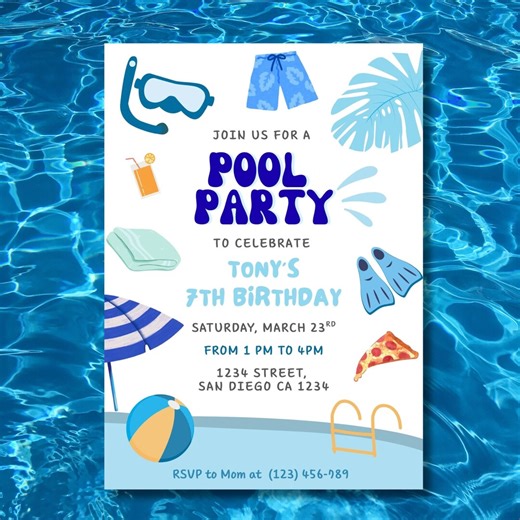 Boys Pool Party Birthday Invitation, Summer Celebration, Editable Canva Template (digital Download) - Etsy