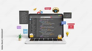 Software and web development with AI. Smart AI coding assistant. Generating code or debugging application code. 3D AI robot helps to write coding programs on a laptop. 4K 3D animation