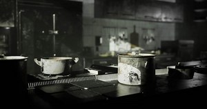 CGI Abandoned kitchen with dirty pots and an eerie atmosphere in dim lighting