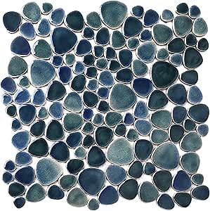 Blujellyfish Pebble Tiles for Shower Floor Gradient Deep Blue Teal & Grey Bathroom Mosaic Tile (Pack of 5 Sheets)
