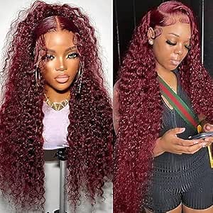 Burgundy Lace Front Wigs Human Hair Pre Plucked 99J Deep Wave Wigs 13x4 HD Lace Frontal Wigs for Women Red Colored Curly Wigs Human Hair Lace Front Wigs Brazilian Virgin Human Hair 22 Inch