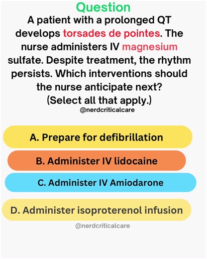 Nclex Cardiac question: Prolonged QT and Magnesium. What do you do next after giving magnesium 🩺🩺🫀🫀😎. Torsades = polymorphic VT with prolonged QT. That means: QT is long QRS twists It’s ventricular tachycardia Can lead to V-fib → sudden de@Th…. ✅✅📚First-line treatment = Magnesium sulfate Even if magnesium levels are normal. Why? Magnesium stabilizes cardiac membranes Shortens QT interval Stops early afterdepolarizations NCLEX gold Words: ✔ “prolonged QT” ✔ “polymorphic VT” ✔ “torsades” ✔ “
