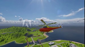 Funny yellow toy helicopter. Сute cartoon character. A toy helicopter flies and makes maneuvers over a fabulous cartoon city located on the islands. 3D animation. Fantasy landscape, fayri tale scenery Stock Video