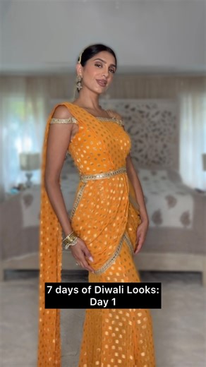 holiCHIC on Instagram: "7 days of Diwali Looks: Day 1 🪔✨🧡 Ft. Naomi Sari gown @holichicbymegha Earrings @blossomboxjewelry {Diwali fashion, Diwali outfits, Diwali outfit, saree gown, sari gown, Indian fashion, Indian fashion USA, Diwali style, Indian wedding fashion}"