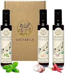 Flavored Olive Oil Gift Set from Puglia. Italian Extra Virgin Olive Oil Gift Box ideal for Italian food gifts and gourmet food gift baskets - COSTABILE 3x8.45 Fl. Oz.