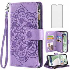 Compatible with Tracfone BLU View 5 B160V Wallet Phone Case and Tempered Glass Screen Protector Flower Faux Leather Flip Credit Card Holder Stand Zipper Cell Cover for Trac Fone Blu 2024 Women Purple
