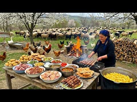 Complete Traditional Dinner | Grandma Cooking Meat, Pastries & Everything Outdoors