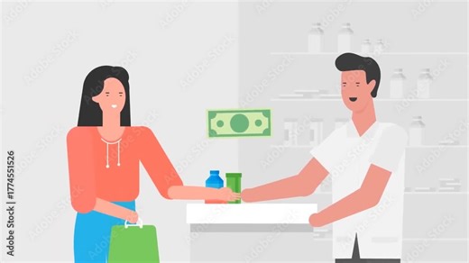 Customer paying at store animation showing retail transaction and small business payment process