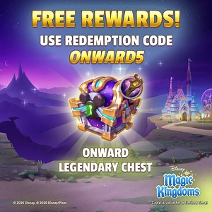 A new month brings a new code for you, Kingdomers! Today, we are excited to celebrate the 5th Anniversary of Onward! 🪄 🗝 Use Redemption Code ONWARD5 and claim Onward Legendary Chest before it's too late! Claim your reward HERE >> https://brnw.ch/21wR97L ✨ Note: Redemption Code expires on Thursday, March 13th at 12 pm EST. Redemption code is limited to one per valid user. | Disney Magic Kingdoms