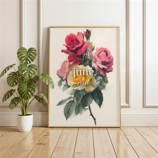 June Birth Flower Print – Rose Watercolour Wall Art, Birth Month Flower Gift, June Birthday Botanical Decor Pink Yellow Roses - Etsy