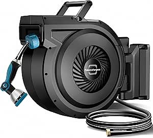 Retractable Garden Hose Reel - 5/8 inch x 90 ft Wall Mounted Hose Reel with 10 Pattern Nozzle & Any Length Lock, Heavy Duty Water Hose Supports Automatic Rewind & 180° Swivel, Black