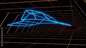 Retro 1980s tunnel animation with starship silhouette - seamless loop. synthwave glowing neon lights landscape. Space base. Background for music video. Video games. Old style