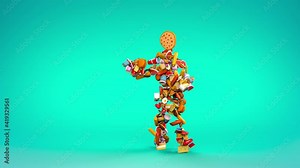 Dancing fast food dishes. Funny animation of unhealthy meals prepared in restaurants, motivation for those who lose weight, mocking and nonsensical scene on a light pastel background.