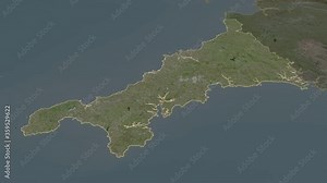Cornwall, administrative county with its capital, zoomed and extruded on the satellite map of England in the conformal Stereographic projection. Animation 3D
