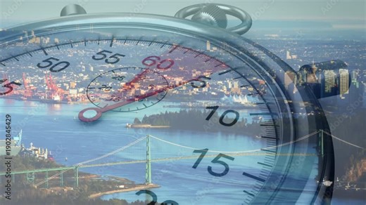 On playback, stopwatch dial rotating red second hand over aerial harbor, visualizing time passing