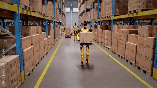 Fully automated warehouse with AI-powered humanoid robots and agv robots transporting cardboard boxes. Future of industrial warehouse automation and AI robotics. 3d animation rendering
