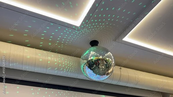 A contemporary disco ball lamp, designed to illuminate a modern interior space, is beautifully casting playful light patterns on the ceiling, creating a vibrant and lively ambiance