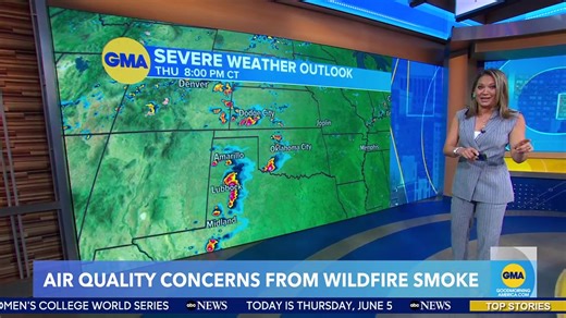 ABC News' Ginger Zee has the latest on the air quality concerns as smoke from the Canadian wildfires continues to reach parts of the Midwest and a new round of severe storms taking aim in the South. | Good Morning America