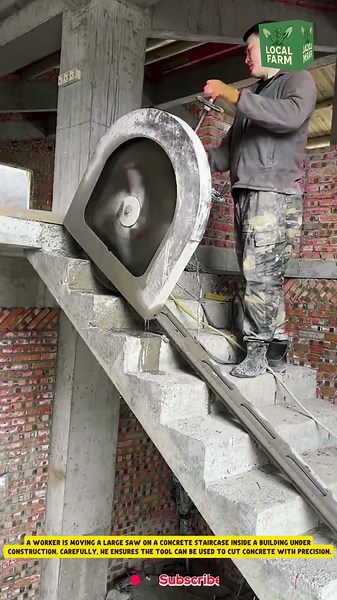 A worker is moving a large saw on a concrete staircase inside a building under construction