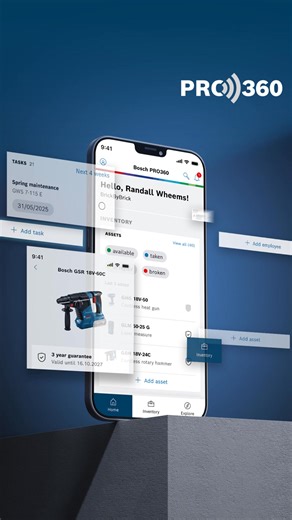 ✨ Unsere App für die Inventar- und Serviceverwaltung PRO360 erstrahlt in neuem Glanz! ✅ Ein brandneues Design, das dir den Profi-Alltag erleichtert ✅ Klare Übersicht über alle Assets und Aufgaben ✅ Bessere Übersicht für leichteres Inventar- und Teammanagement ✅ Verschiedene Ansichten für Einzelpersonen, Unternehmen und Händler – damit jeder genau das findet, was er braucht ➡️ Keine Zeit verlieren — jetzt direkt ausprobieren! https://brnw.ch/21wYc4C pro360-new-light-reel-c155 | Bosch Profi-Elektr