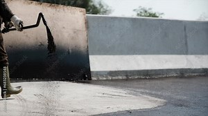 Process of asphalting road construction infrastructure by spraying or casting prime coat, tack coat or gluing the ATB layer with hot mix asphalt. Toll road asphalting